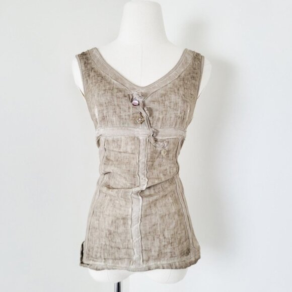 Tan Tank Top Sleeveless Vneck Babydoll Empire Waist Panelling Panels Fitted - Picture 10 of 13